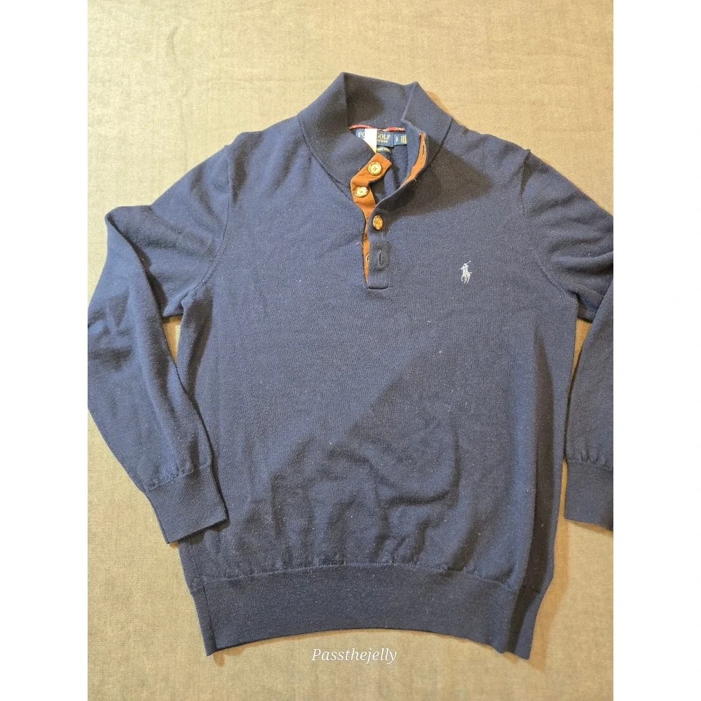 Vtg Polo Ralph Lauren Sweater Mens Small Blue Henley Mock Neck Merino Wool Pony
